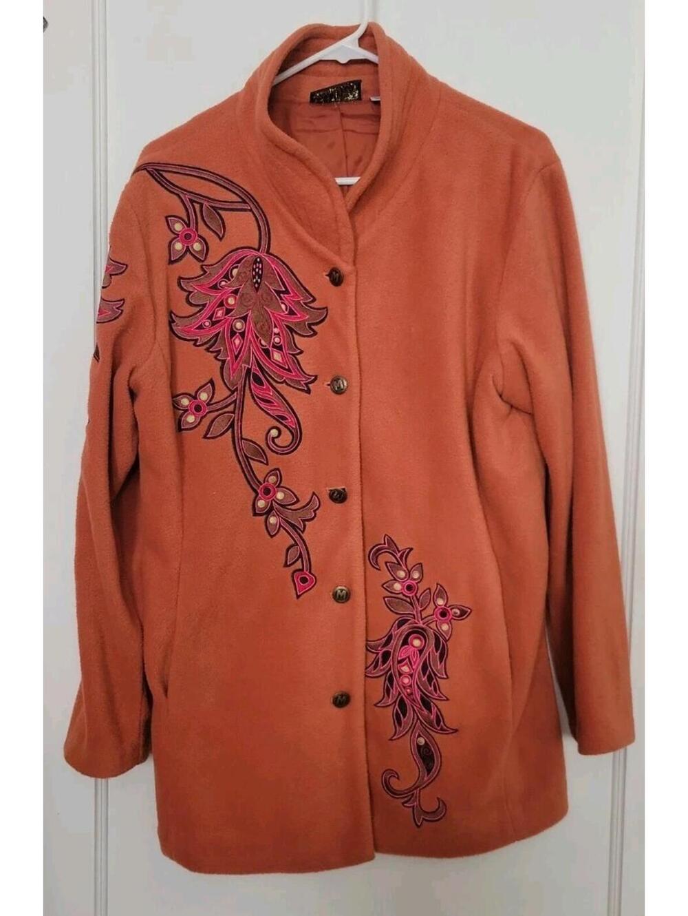 Bob Mackie Wearable Art Jacket Embroidered Fleece Burnt Orange Size M